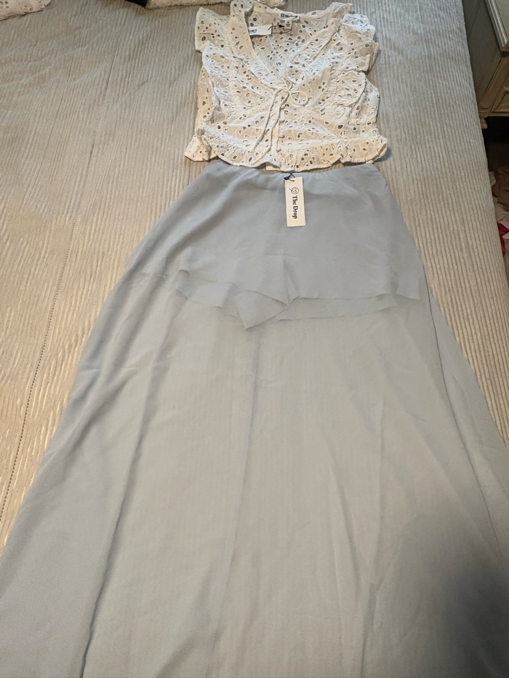 NWT The Drop Light Blue Maxi Skirt with White Eyelet Top